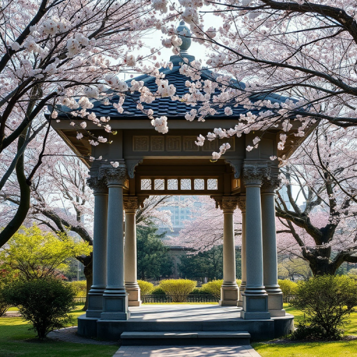 A serene garden pavilion surrounded by blossoming cherry trees with intricate stone pillars, soft natural lighting, 50mm lens, f/2.8, ISO 100, captured with a DSLR camera in high dynamic range style.