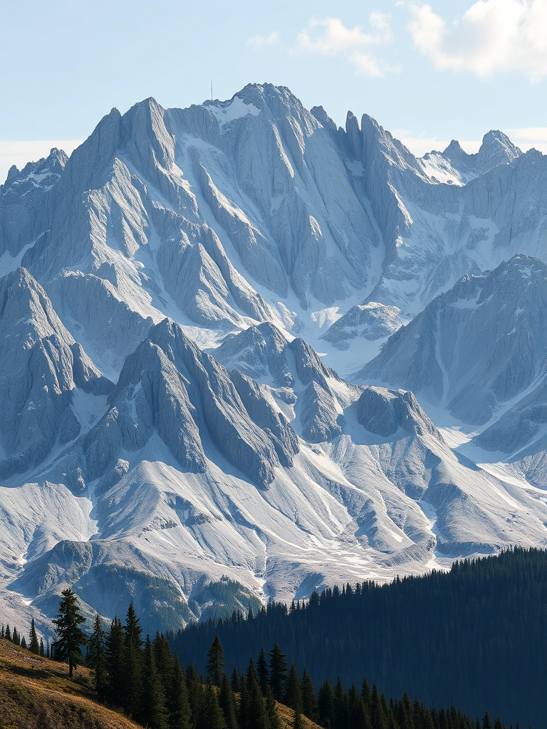 Create a highly detailed mountain landscape illustration with sharp lines and contrasting shades, photographed using a DSLR camera, aperture f/8, ISO 100, 24mm focal length, in landscape orientation for maximum clarity and depth.