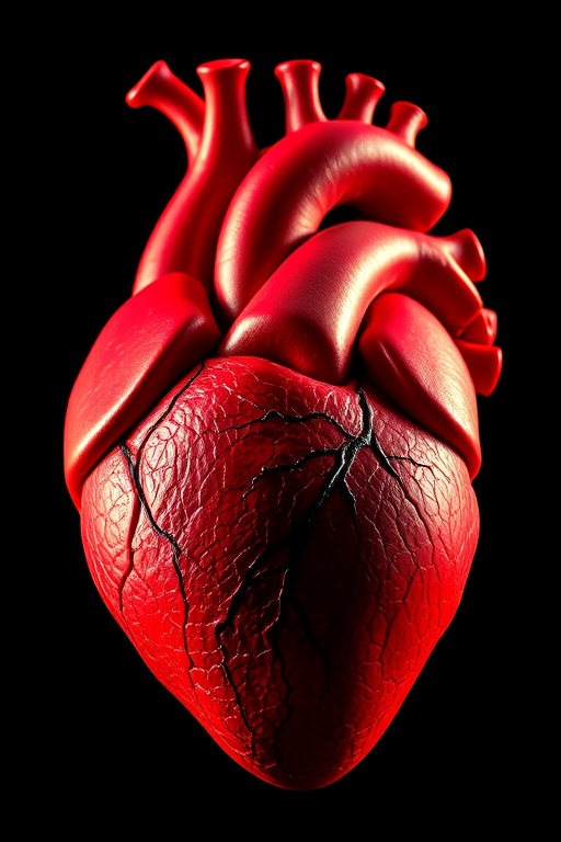 Create a highly detailed illustration of a human heart with realistic textures and vibrant colors, using a Canon EOS 5D Mark IV camera with a 50mm f/1.8 lens at f/4, ISO 100, and a 1/200s shutter speed, capturing the heart at eye level with dramatic lighting to enhance depth and contrast.