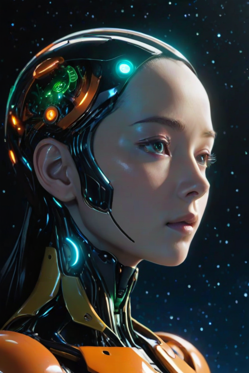 Anime screencap featuring a Minimalist and abstract side profile of a robot woman with a universe sprouting from her mind as she opens her eyes and attains consciousness for the first time in the dark. She has beautiful and intelligent bright orange eyes brimming with knowledge and benevolence. Mostly in hues of blue and green