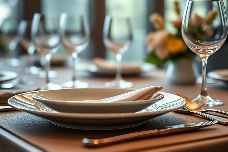 table setting with elegant plates, glasses, and cutlery, shallow depth of field, soft natural lighting, macro lens, ISO 200, aperture f/2.8, 50mm lens, focused on the plate details