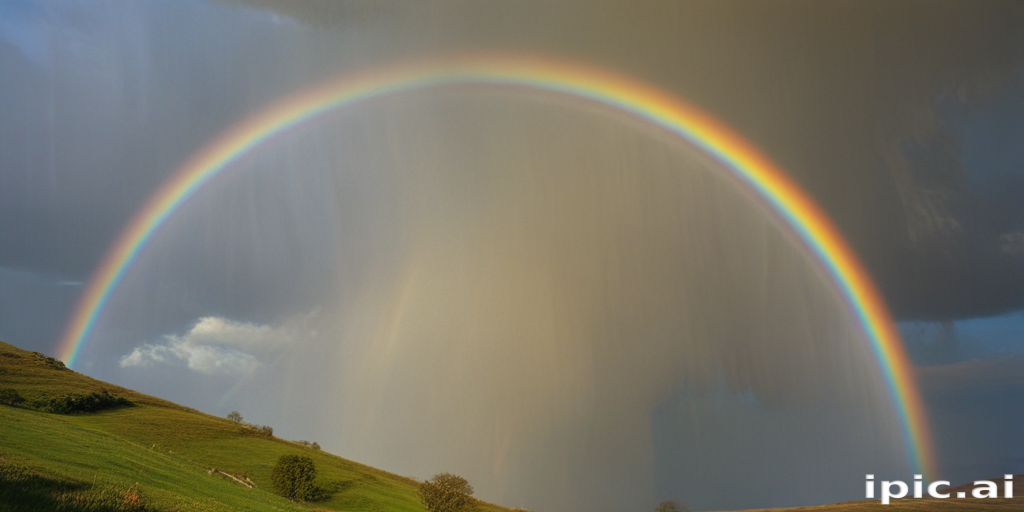 Vibrant Rainbow Arching Over Rolling Green Hills Under Dramatic Cloudy Sky