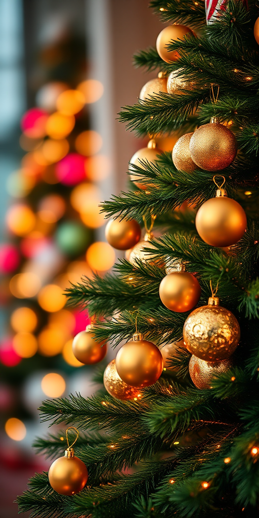 Create a festive scene featuring a beautifully decorated Christmas tree adorned with golden ornaments and twinkling lights. Include a soft, blurred background with colorful bokeh effects, evoking a warm and cheerful holiday atmosphere.