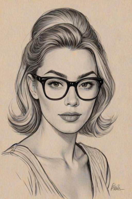 Sublime Arielle Vandenberg, pencil sketch, portrait of Appealing woman 1948s in glasses, hair style beatnik, outline, clear lines, fine lines, 8k