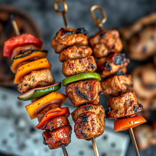 Create an image of three skewers of grilled meat and vegetables, focusing on vibrant colors and textures, with a shallow depth of field, taken with a Canon EOS R5 at f/2.8, ISO 100, 1/200 sec, capturing the skewers from a top-down view in natural light.