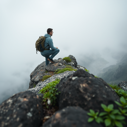 capture a man with a backpack kneeling on a rocky ledge overlooking a foggy valley with a river, use a Canon EOS R5 with a 24-70mm lens at f/4, ISO 100, 1/200s, shot from a low angle perspective to enhance depth and detail, focus on the textures of the rocks and the greenery in the foreground