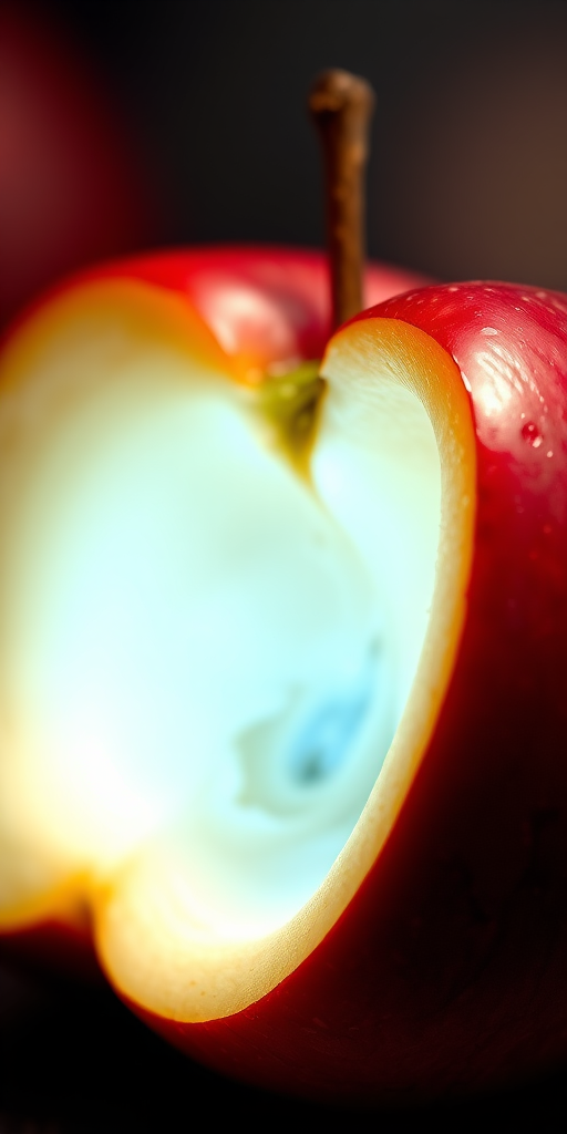 create a highly detailed digital illustration of a partially eaten red apple core with a soft glow emanating from the inside, using a Canon EOS R6 camera with a 50mm lens, aperture f/2.8, ISO 100, shoot from a slightly elevated angle to capture texture and details, use a soft bokeh background to enhance focus on the apple core.