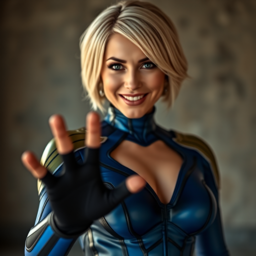 detailed edges, detailed image, perfection style, A detailed and A perfect photo of Marie Claude Bourbonnais a woman in a blue and black fantastic 4 costume, hand focus, cinematic hand, best hand, better hand, awesome hand, different hand, 1girl, solo, breasts, looking at viewer, smile, short hair, blonde hair, large breasts, gloves, upper body, black gloves, lips, bodysuit, realistic, perfection, different color, perfect color, realistic, realism, detailed background, perfect background, different background, perfect style, perfection style, detailed style, blurry
