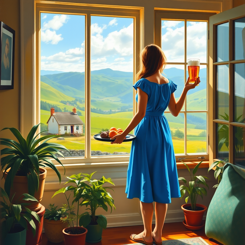 In "A Glass of Beer on the Highland," a serene scene is depicted in a sunlit room where a woman in a vibrant blue dress stands by a large window. She holds a tray with a hearty meal and a frothy glass of beer, embodying a moment of relaxation. Outside, the breathtaking highland landscape features rolling green hills and a charming traditional house, all bathed in warm afternoon light. The interior is adorned with potted plants, creating a harmonious blend of comfort and nature. The painting beautifully captures the tranquility and joy found in simple pleasures amidst stunning scenery