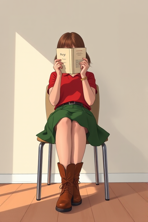 Generate an illustration of a person sitting on a chair, holding a book in front of their face, wearing a red top, green skirt, and brown boots, captured from a low angle with a shallow depth of field, using a DSLR camera at f/2.8, 50mm lens, natural light.
