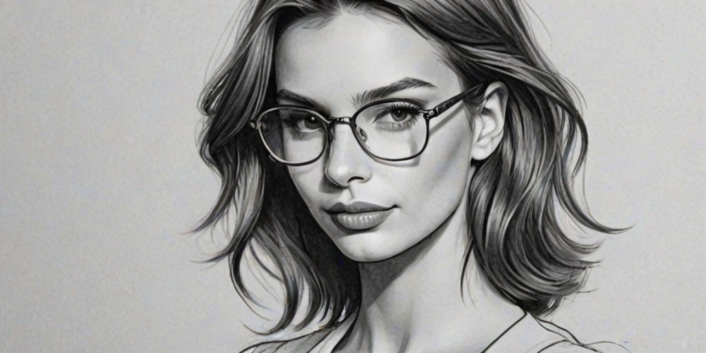 Elegant Emily Ratajkowski, pencil sketch, portrait of Sublime woman 1934s in glasses, hair style beatnik, outline, clear lines, fine lines, 8k