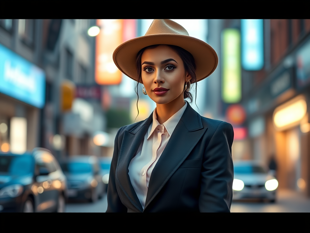 Generate a high-resolution image of a confident woman in a stylish suit and wide-brimmed hat, standing in a bustling city street, captured with a Canon EOS R5 at f/2.8, ISO 100, 50mm lens, with soft twilight lighting and a slight bokeh effect in the background.