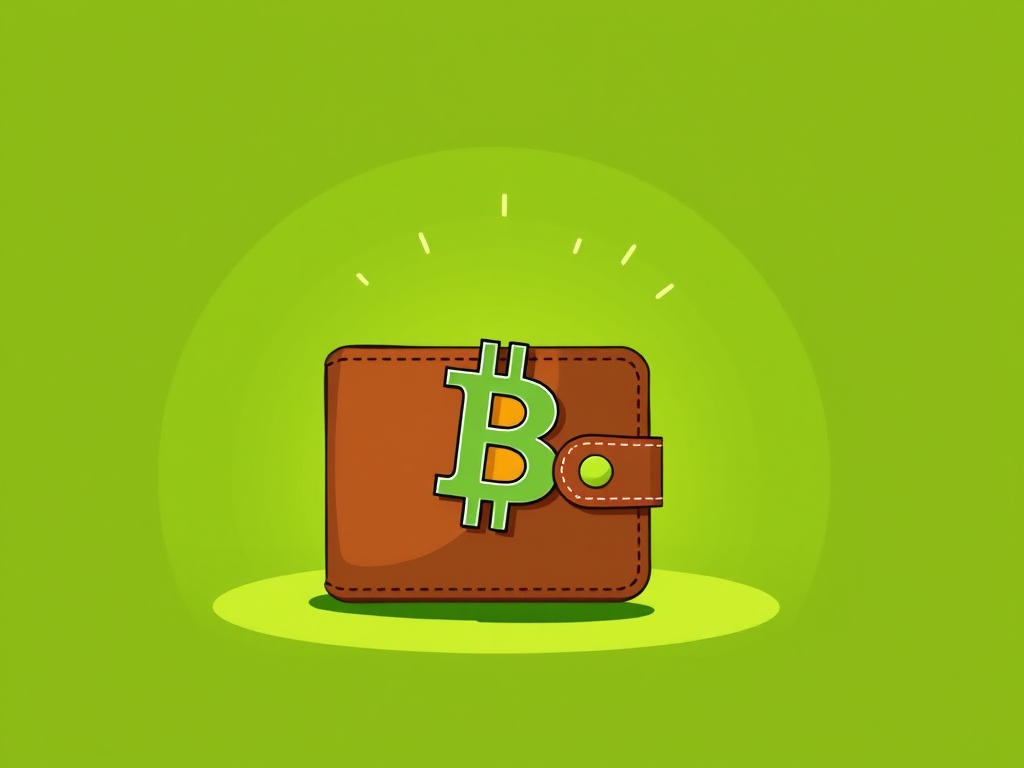 Create a digital illustration of a brown wallet with a Bitcoin symbol emerging from it, set against a gradient green background with dramatic shadows, using a DSLR camera settings of f/8 aperture, ISO 100, and a 50mm lens, in a vibrant modern graphic style.