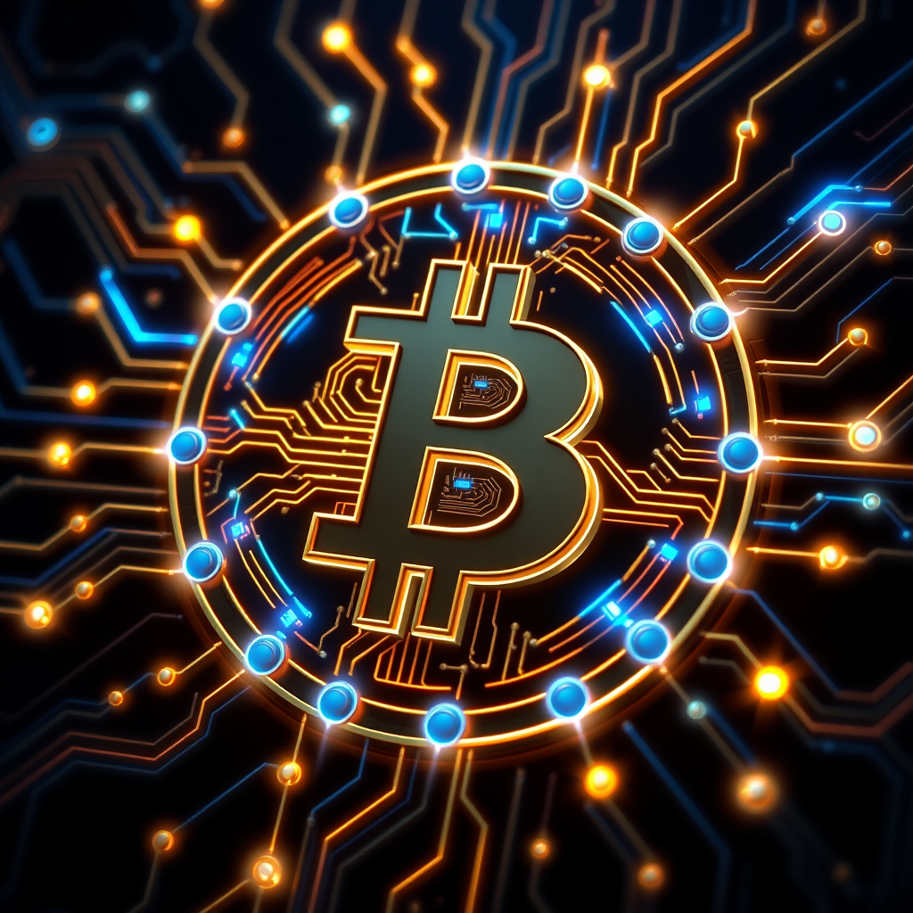 Imagine a Bitcoin symbol (₿) intricately designed as part of a futuristic, glowing circuit board. The ₿ is central, composed of metallic gold and silver lines, seamlessly blending into the web of circuits surrounding it. Blue and green LED-style lights trace through the circuits, making it look like Bitcoin is powering a digital network. The background is dark, with neon accents highlighting the tech vibe, symbolizing the digital and decentralized nature of Bitcoin
