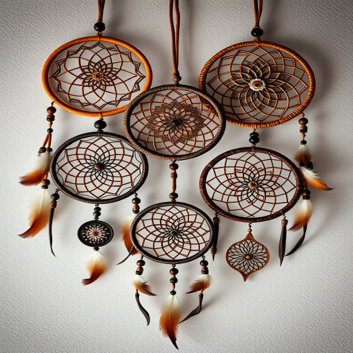 Create an enhanced image of four intricately designed dreamcatchers with intricate details and feather accents, captured with a DSLR camera at f/1.8 aperture, 50mm lens, ISO 100, taken from a top-down view in natural soft lighting.