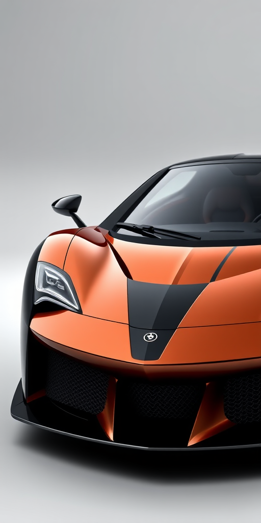 high-quality rendering of a luxury sports car with a black and copper color scheme, front three-quarter view, studio lighting, DSLR camera, f/2.8 aperture, ISO 100, 24mm focal length, sharp focus on the car details, soft gradient background