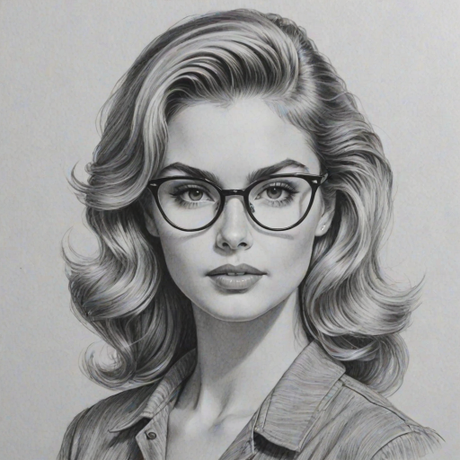 Magnificent Brighton Sharbino, pencil sketch, portrait of Gorgeous woman 1957s in glasses, hair style beatnik, outline, clear lines, fine lines, 8k