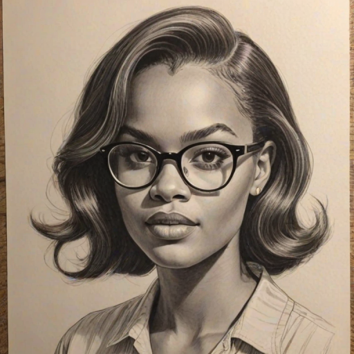 Wonderful Sierra McClain, pencil sketch, portrait of Alluring woman 1952s in glasses, hair style beatnik, outline, clear lines, fine lines, 8k