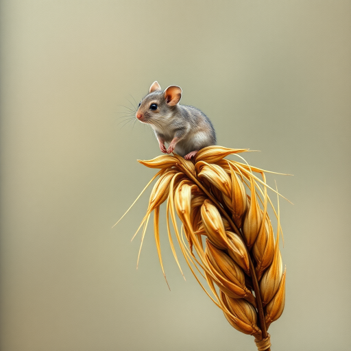 Soft, muted Alcohol Ink with ebru effect background image of tiny whimsical mousey, who climbed high on the top of a golden rye ear.