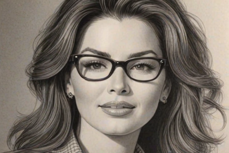 Captivating Shania Twain, pencil sketch, portrait of Stunning woman 1940s in glasses, hair style beatnik, outline, clear lines, fine lines, 8k