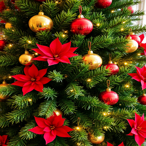 Create a festive Christmas tree scene featuring vibrant green branches adorned with shiny golden and red ornaments. Include twinkling white lights and bright red poinsettias among the foliage to enhance the holiday spirit. Focus on capturing the warm and cheerful atmosphere of a well-decorated tree.