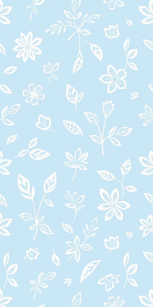 Create a seamless pattern of hand-drawn white floral and leaf designs on a soft blue background, using a macro lens with f/2.8 aperture, 50mm focal length, and natural daylight to enhance image quality.