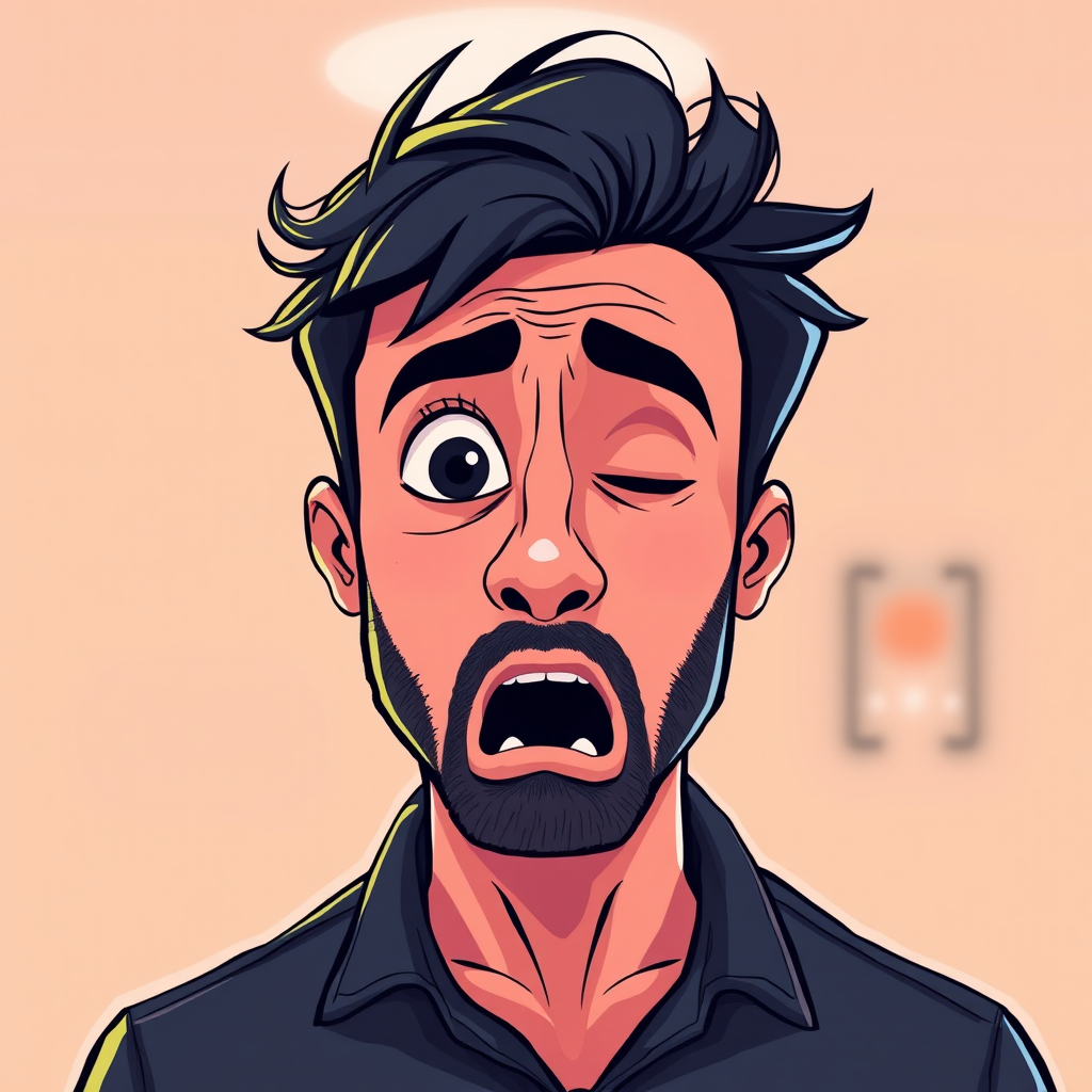 Create a vibrant cartoon-style illustration of a surprised man with one eye closed, wearing a casual dark shirt, shot with a Canon EOS R camera at f/4, ISO 100, 50mm lens, in a medium shot with a soft focus background for enhanced depth.