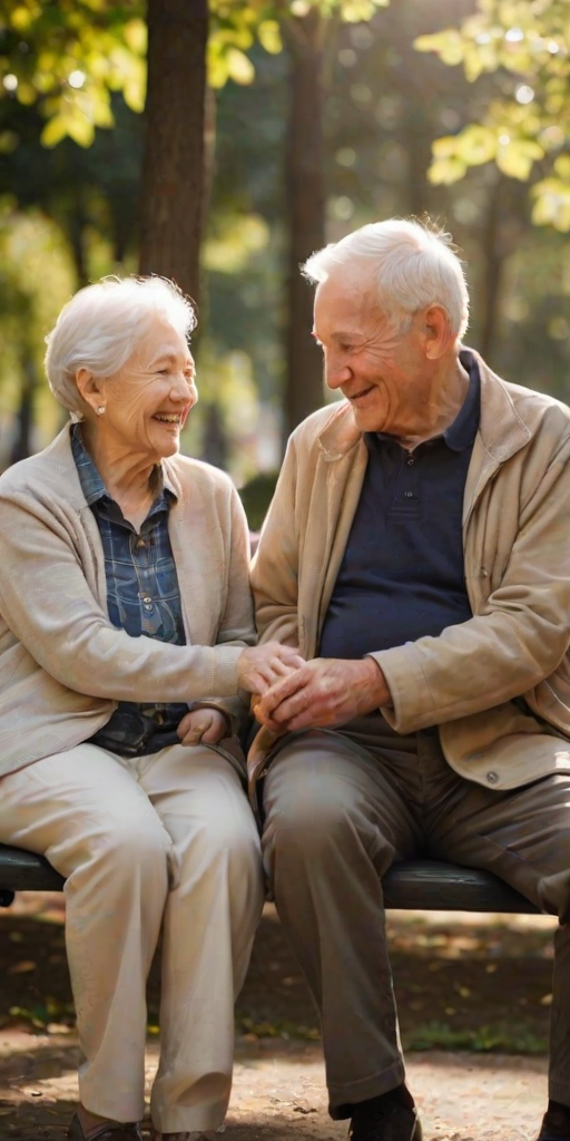 Blurry candid shot of an elderly couple sitting on a park bench, sharing a warm smile as they feed birds, soft sunlight filtering through the trees and casting a warm glow.