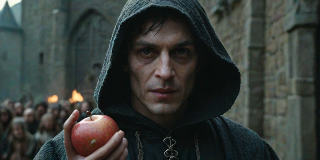 detailed edges, detailed image, perfection style, A cinematic detailed image of a creepy wicked person in a medieval costume holding an apple up in front of camera with creepy hand, movie themed, sharp, detailed background, epic cinematic photography, artistic style, dramatic light style, cinematic color style, Kodak 35mm film style, detailed style, hand focus style, solo, looking at viewer, 1boy, holding, male focus, food, hood, fingernails, fruit, holding food, realistic, apple, old, holding fruit, portrait