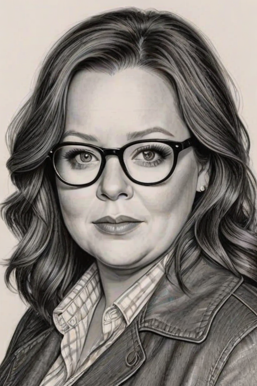 Splendid Melissa McCarthy, pencil sketch, portrait of Splendid woman 1971s in glasses, hair style beatnik, outline, clear lines, fine lines, 8k