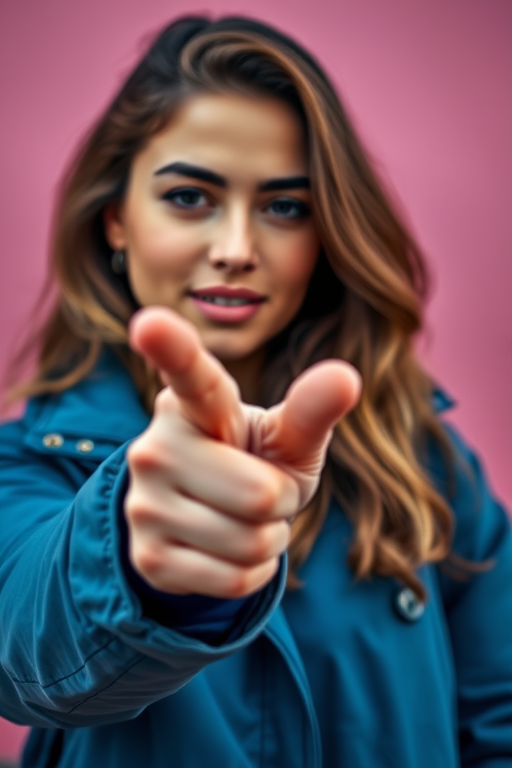 portrait of a woman in a blue jacket pointing at the camera, soft focus, 50mm lens, f/1.8 aperture, natural light, shallow depth of field, taken with a DSLR camera, colorful pink background