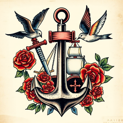 Bold traditional American tattoo named "Sailor's Legacy" featuring classic imagery of anchors ships roses and swallows rendered in thick bold outlines filled with vibrant primary colors and stark black shading incorporating traditional motifs such as banners hearts and daggers with a weathered vintage aesthetic that pays homage to the rich history of maritime tattoo culture and the artistry of early tattoo pioneers