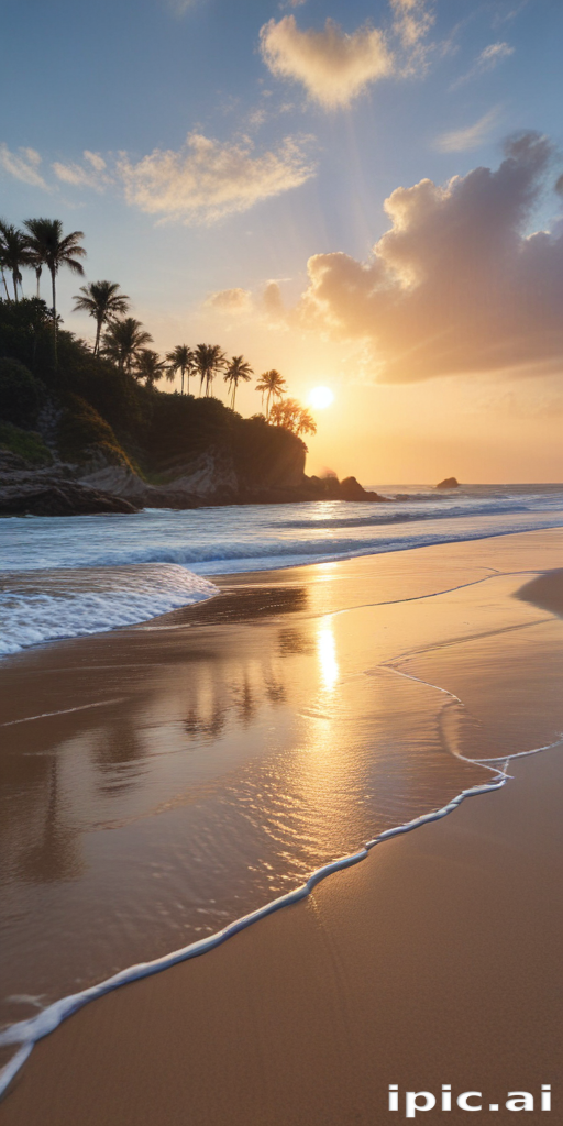 Golden Sunset Over Tranquil Beach with Palm Trees and Gentle Waves