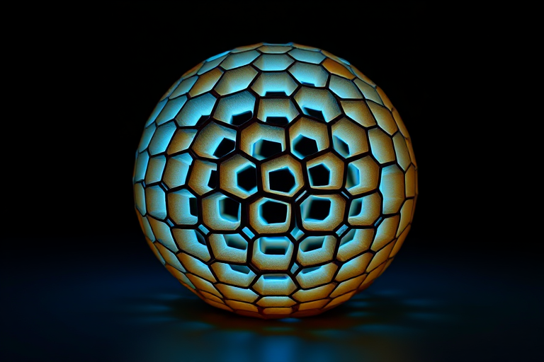 Create a high-resolution image of a 3D sphere constructed from a honeycomb pattern, illuminated with soft blue and teal lighting against a dark background, captured with a DSLR camera using a 50mm lens, aperture set to f/1.8, shutter speed 1/125s, ISO 200, in a studio setting with diffused lighting to enhance the details and textures.