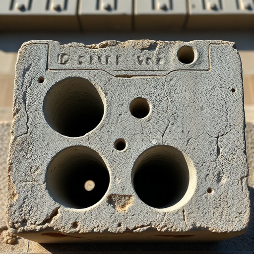 Create a high-resolution image of a concrete block with intricate holes and textures, shot from a low angle, using a DSLR camera at f/8 aperture, ISO 100, and 1/125 sec shutter speed, with natural lighting for enhanced shadow details.