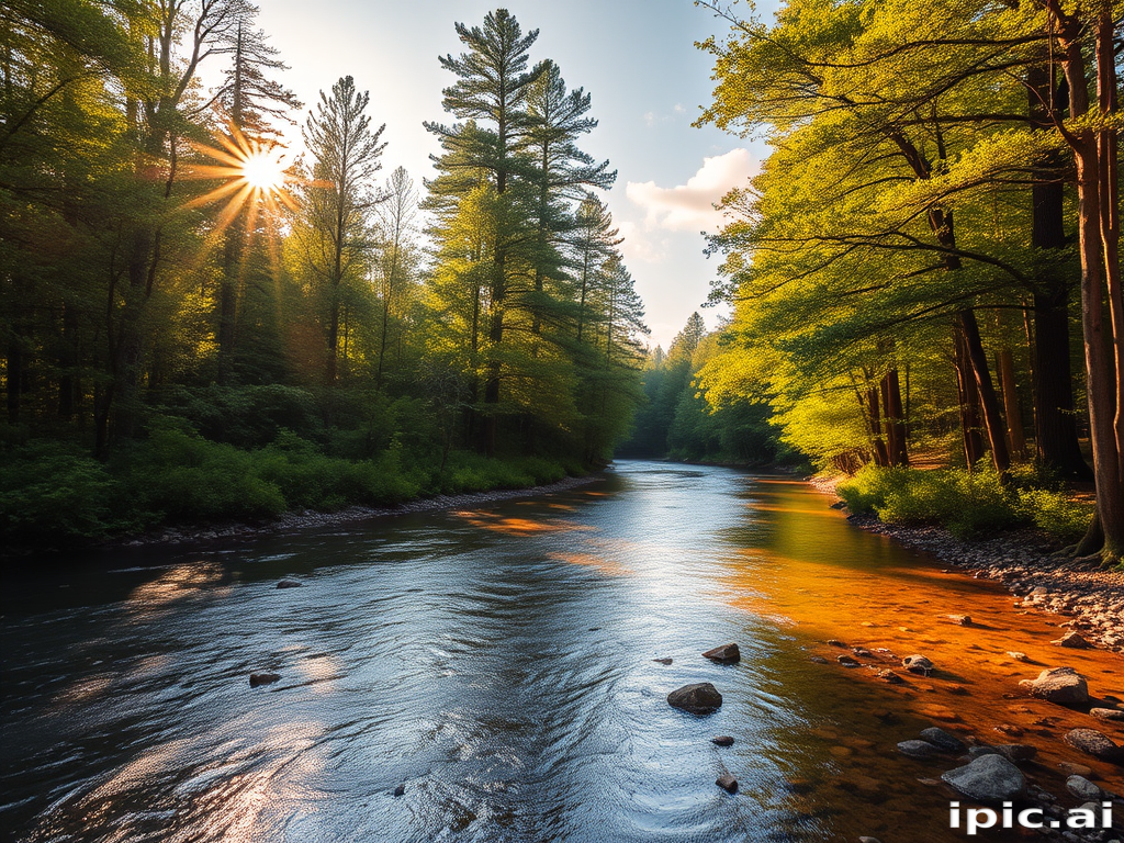 Create an image of a serene, sunlit forest scene with a clear, gently flowing river. Tall trees with lush green foliage line both sides of the river, their leaves bathed in the warm golden light of the setting or rising sun. The sunlight filters through the trees, casting soft, dappled light on the river, which flows over smooth rocks and pebbles, creating a peaceful, natural atmosphere. The sky is bright with a few scattered clouds, and the overall mood is tranquil, evoking a deep sense of connection with nature. The image captures the beauty of a calm, pristine forest landscape at either dawn or dusk.