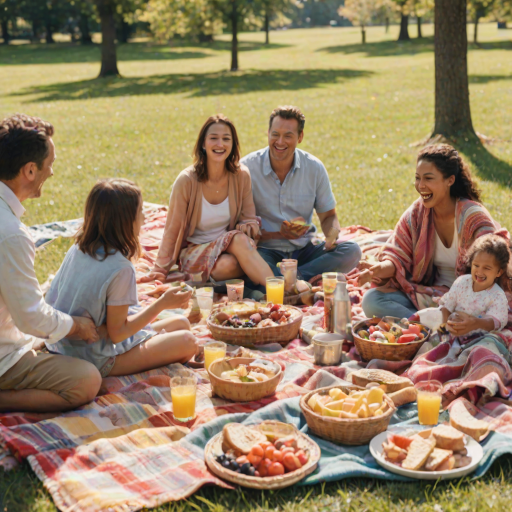 Blurry action shot of a family enjoying a picnic on a sunny day, with colorful blankets spread out, laughter echoing, and food spread out around them.