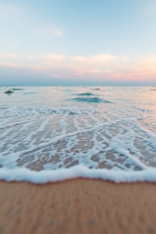 Create a serene beach scene at sunset, capturing gentle waves lapping against the shore with soft pastel colors in the sky, using a DSLR camera at f/8 aperture, 1/60 shutter speed, ISO 100, wide-angle lens, and a low angle view for depth.