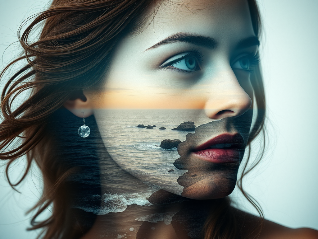 create Book cover, A surreal double exposure portrait that blends a woman's face with a beautiful seascape. The overall mood is dreamy and mystical, with rich colors and intricate details