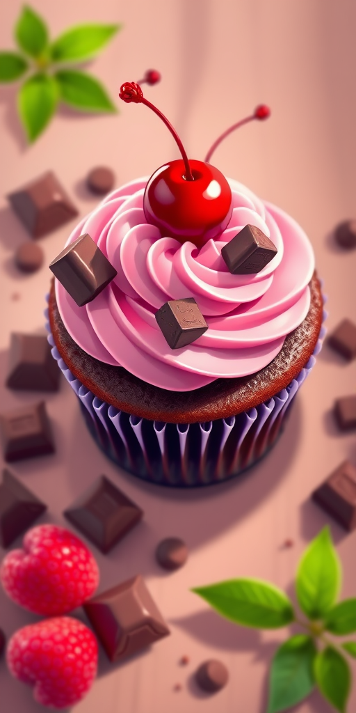 Create a vibrant illustration of a chocolate cupcake topped with pink frosting, a cherry, and chocolate pieces, using a digital art style, captured from a top-down view with high-resolution settings, soft lighting, and a focus on color contrast.