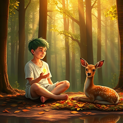 A luminous digital painting of a serene forest scene featuring a barefoot young male, about 7 years old, with green hair and fair skin, dressed in a simple white outfit. He sits cross-legged on the forest floor, gazing at a small, glowing, magical firefly in his hand. Beside him, a delicate spotted deer lies calmly on a bed of dried leaves, observing the scene. The dense forest is bathed in warm, golden light filtering through the trees, creating a peaceful, magical atmosphere with a blend of natural and mystical elements.