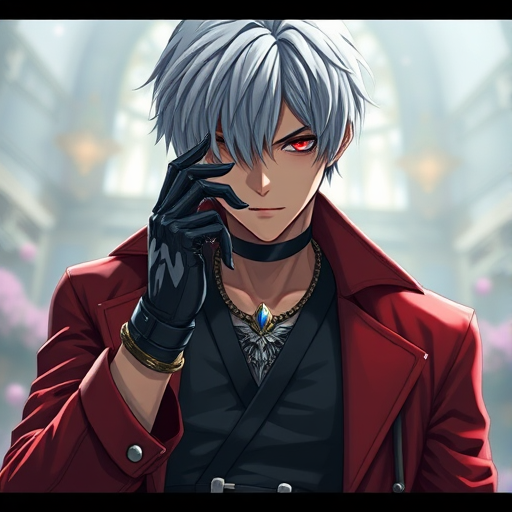 i want the whole image to be created in 3D anime style, solo, looking at viewer, gloves, 1boy, jewelry, closed mouth, white hair, male focus, open clothes, black gloves, belt, necklace, hair over one eye, blurry, coat, blurry background, letterboxed, open coat, mechanical arms, manly, red coat, single mechanical arm, dante (devil may cry)