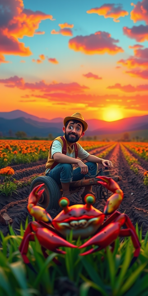Colorful cartoon landscape with a farmer sitting on a plow, looking contemplative, vibrant sunset in the background, crab in foreground, shot with a high-resolution digital camera, wide-angle lens, f/8 aperture, ISO 100, soft focus for depth.