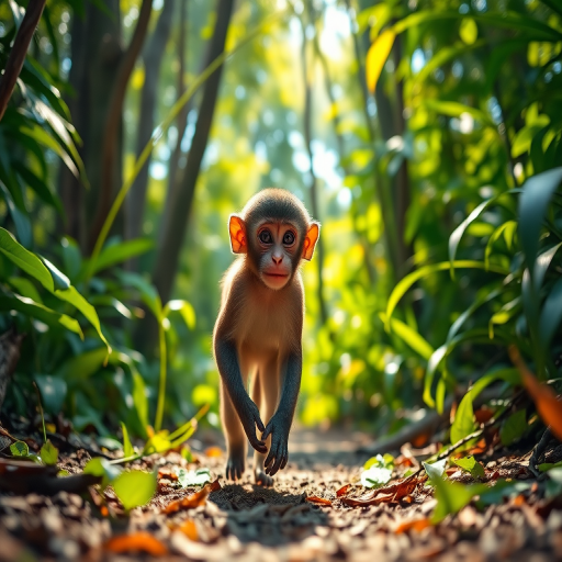 A young monkey walking through a vibrant, sunlit rainforest, taken with a Canon EOS R5, 50mm lens at f/1.8, ISO 100, 1/200 sec, in a low-angle shot to emphasize the lush vegetation and natural light filtering through the trees.
