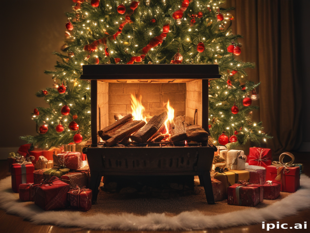 Cozy Christmas Scene with a Beautifully Decorated Tree and Warm Fireplace