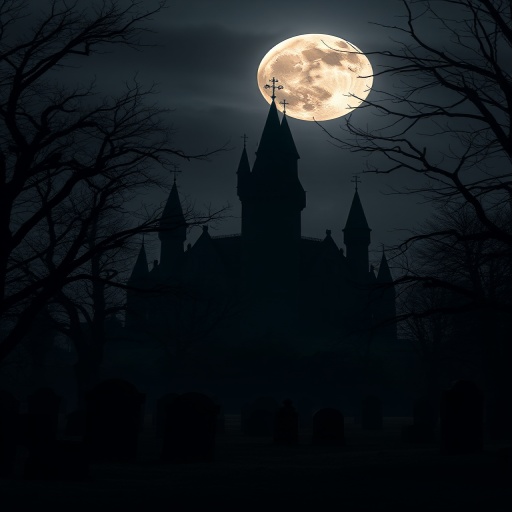 regenerate a dark, atmospheric Halloween scene featuring a silhouette of an eerie castle, bare trees, a full moon, and a graveyard, captured with a DSLR camera, f/8 aperture, ISO 200, 24mm lens, shot at twilight for dramatic lighting and contrast.