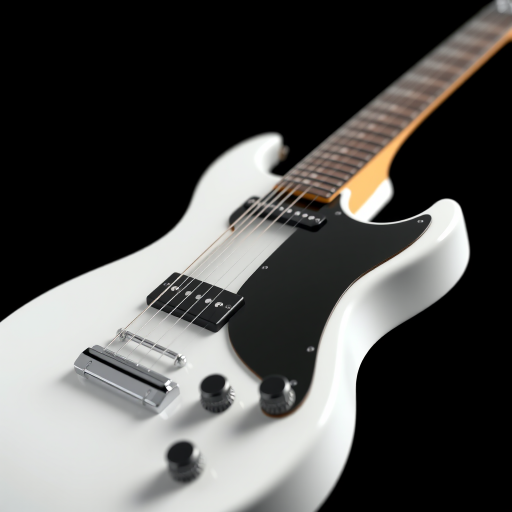 high-quality 3D render of a white electric guitar with a glossy finish, against a black background, shot with a Canon EOS R5, 50mm lens, f/1.8 aperture, ISO 100, shallow depth of field, soft lighting to enhance reflections and details