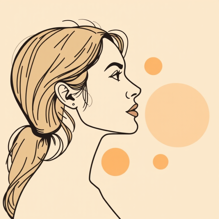 Create a minimalist line art portrait of a woman in profile with a soft beige background, incorporating abstract shapes in light orange, using a DSLR camera with a 50mm lens at f/1.8, 1/200 sec shutter speed, and ISO 100, with a shallow depth of field to enhance clarity and create a smooth bokeh effect.
