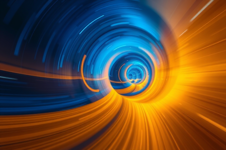 Create an abstract image of swirling blue and gold lines in a tunnel effect, using a DSLR camera with a wide-angle lens at f/8 aperture, ISO 100, 1/200 sec shutter speed, capturing a dynamic motion blur effect.