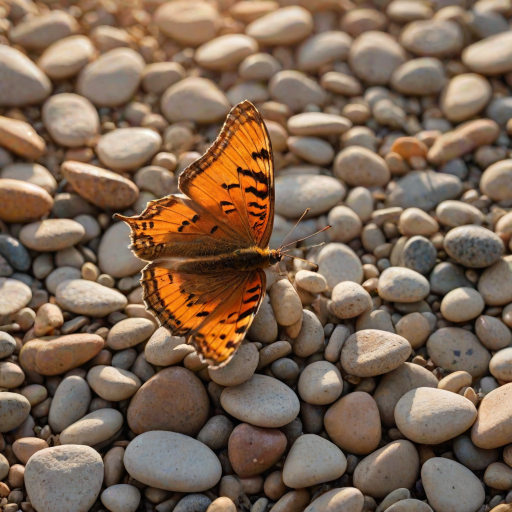 A vibrant orange and yellow butterfly with black markings is perched on a bed of small, brown pebbles in the warm, golden light of a setting sun. The butterfly is facing the viewer with its wings slightly raised, creating a sense of delicate movement. The background is a soft, blurred green and yellow, creating a gentle, natural atmosphere. The image is captured in a close-up perspective, focusing on the butterfly's intricate details and the warm glow of the sunlight.